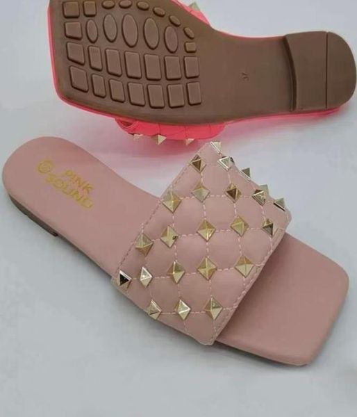 

women stud slide flat sandals square toe black white leather rivet slippers summer fashion flats shoes with maxi rhombus studs8777527
