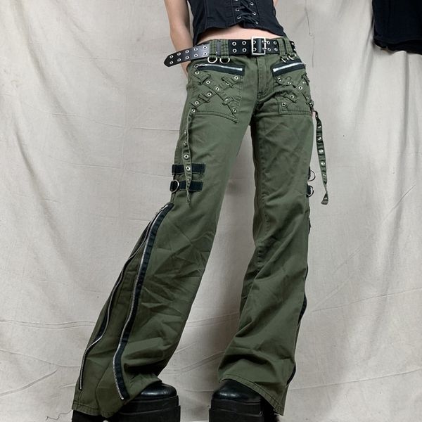 

women's jeans women's pants gothic punk baggy vintage kawaii trousers bandage low waist cargo pants grunge green zipper jeans kore, Blue