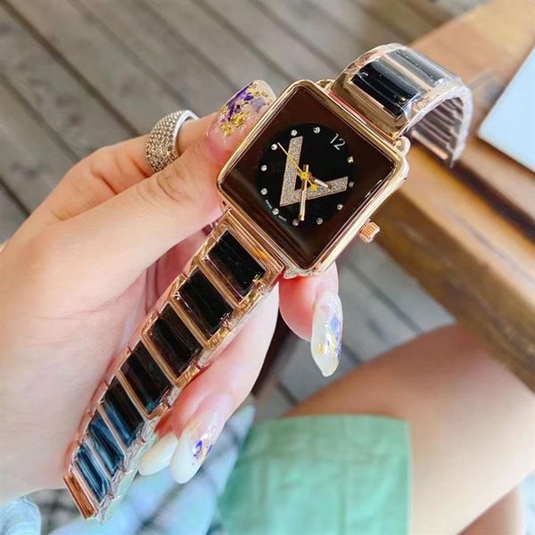 

brand watches women lady girl square big letters style metal steel band quartz wrist watch l59277x, Slivery;brown