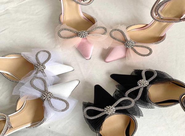 

mach stiletto heels sandals satin mesh bow pumps crystal embellished rhinestone evening shoes luxury designers ankle strap dress s1555560, Black