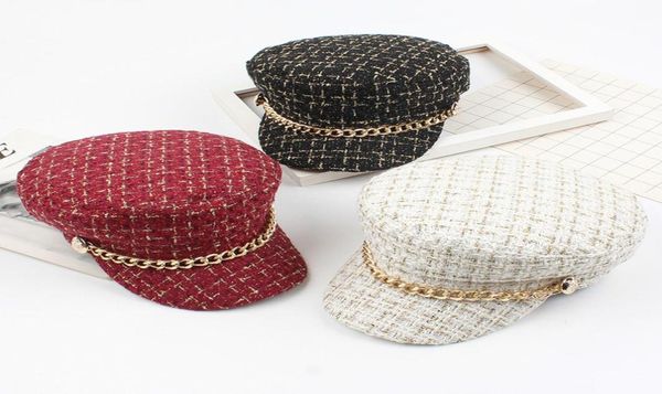 

new women hats tweed plaid newsboy caps chain flat visor cap vintage plaid military cap female autumn winter hats 2010134604795, Blue;gray