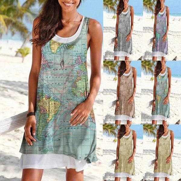 

pattern print map base narrow midi dress sleeveless tight fake 2 piece, Black;gray