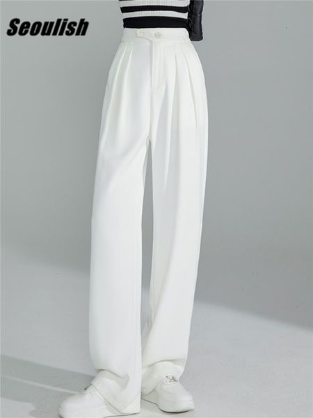

women's pants capris seoulish high waist wide leg women's pants spring summer buttons female elegant minimalism blue straight loos, Black;white