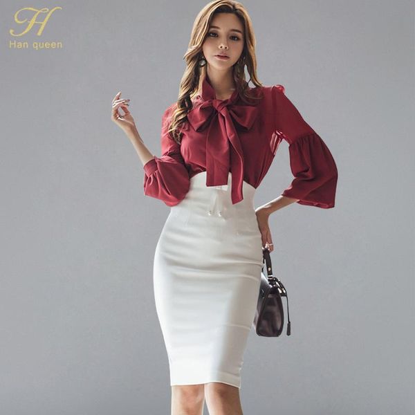 

dress h han queen women's 2019 autumn vintage work wear set new chiffon lantern sleeve blouses and white sheath pencil bodycon skirts