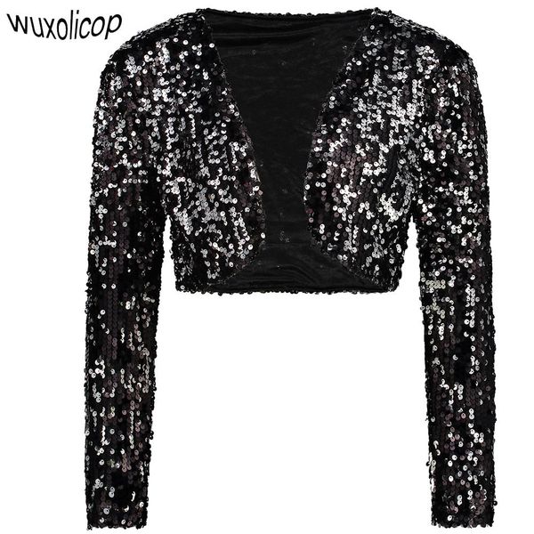 

vests vintage women cropped blazer bolero shrug clubwear party costumes shiny sequin vneck short vest cardigan jacket coat, Black;white