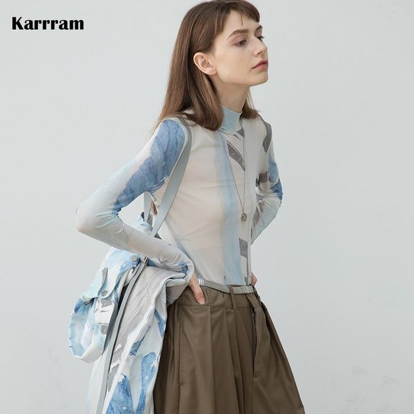

women's t-shirt karrram vintage designer clothes graphic print mesh turtleneck england style elegant long sleeve t-shirt sheer autumn, White