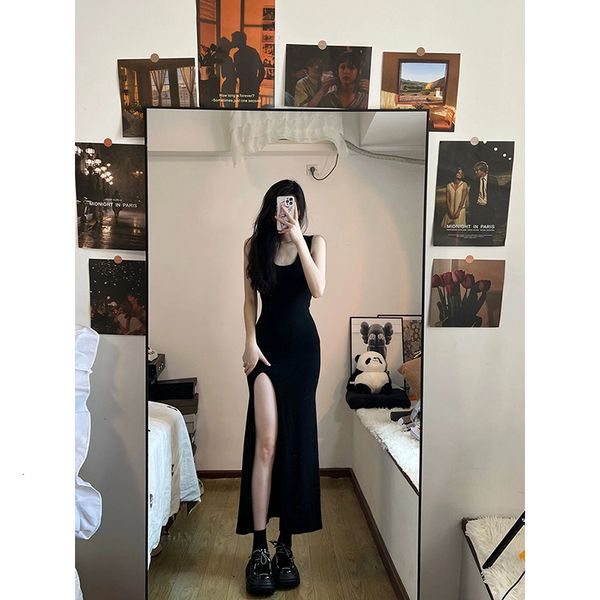 

casual dresses black sleeveless dress women korean fashion style side slit irregular mid calf sheath solid elegant chic summer 230421, Black;gray