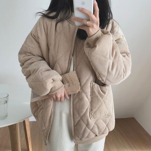 

leather autumn winter korean style women oversize jackets vneck puffer corduroy parkas ladies loose warm retro wild chic coat, Black