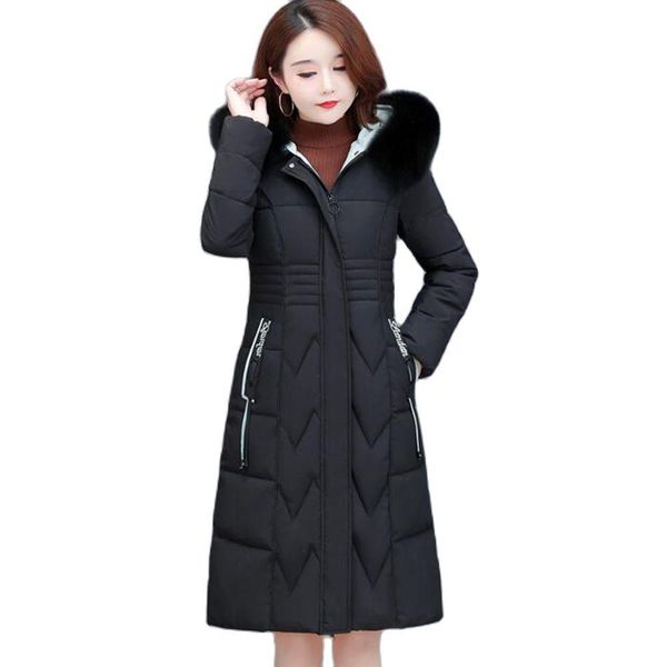 

leather okxgnz new 2022 women winter jackets coats down cotton hooded parkas feminina warm outwear faux fur collar 4xl long coats, Black