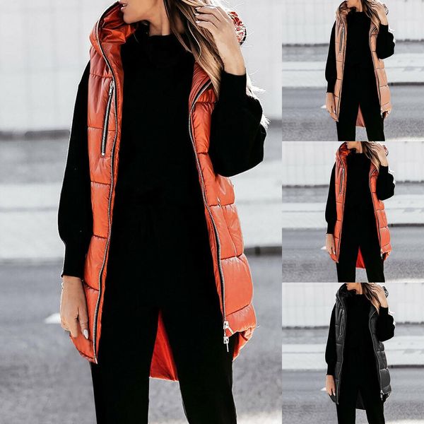 

vests women's sleeveless vest long down jacket solid parkars hooded padded vests loose females 2022 ladies casual winter hoodie coat, Black;white