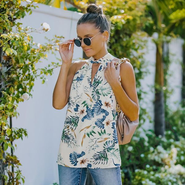 

t-shirt new blouse women's allmatch sleeveless printed chiffon for women fashionable printed blouse pullover lady, White