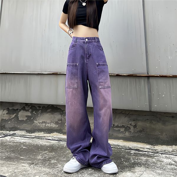 

women's jeans purple baggy jeans women boyfriend style high waist gradient color washed y2k cargo pants mopping straight denim trousers, Blue