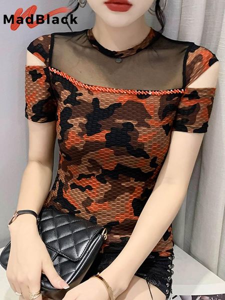 

t-shirt madblack summer korean clothes camouflage color tshirt chic mesh patchwork beads women short sleeve 2022 tees t25905l, White