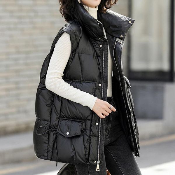 

leather women's down cotton waistcoat with loose standup collar cotton waistcoat vest for autumn and winter, Black