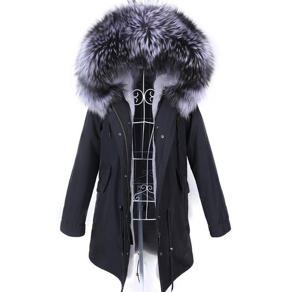 

fur 2022 waterproof big natural real fox fur raccoon fur collar hood winter jacket women long parka thick warm liner, Black