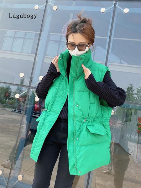 

vests lagabogy 2022 new winter women short zipper vest 90% white duck down sleeveless female stand collar loose warm waistcoat, Black;white