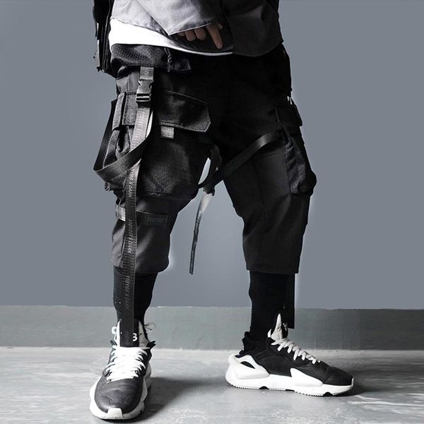 

pants new high street ribbon multipockets cargo pants harajuku style tactical trousers couple fashion dark streetwear hip hop pant, Black