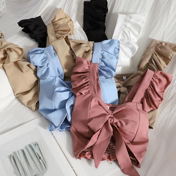 

tanks hikigawa chic fashion women solid sleeveless ruffles tank women front tied cropped streetwear elegant mujer, Black;white