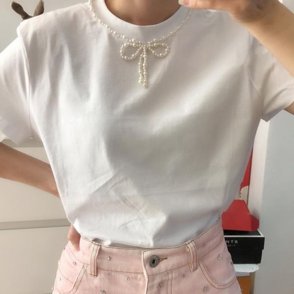 

t-shirt new brand fashion pearl necklace beading bow decoration white t shirt 2020 new summer women