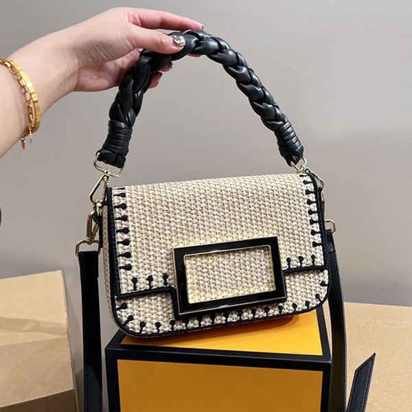 

lafite woven shoulder bags hollow out straw bag women designer handbag purse hardware letter magnetic buckle detachable chain shoulder strap