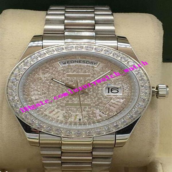 

luxury watch mens 18k white gold diamond bezel perpetual watch diamonds roman dial automatic fashion men's watches wristwatch190u, Slivery;brown