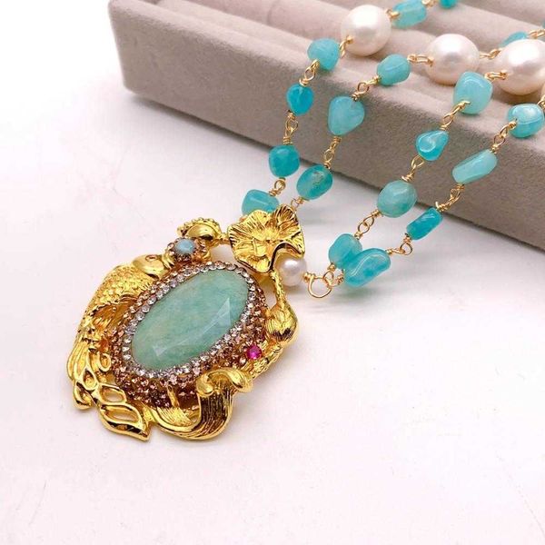 

pendant necklaces yygem 2 rows blue ite cultured white rice pearl necklace green ite gold plated pendant w0421, Silver