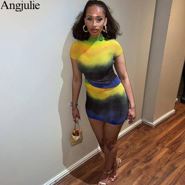 

dress angjulie two piece outfits for woman vacation outfits summer clothes tie dye turtleneck stretchy +tight straight skirt, White
