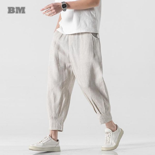 

pants spring summer chinese style cotton linen radish pants loose plus size ninth pants men clothing harajuku casual pants male, Black