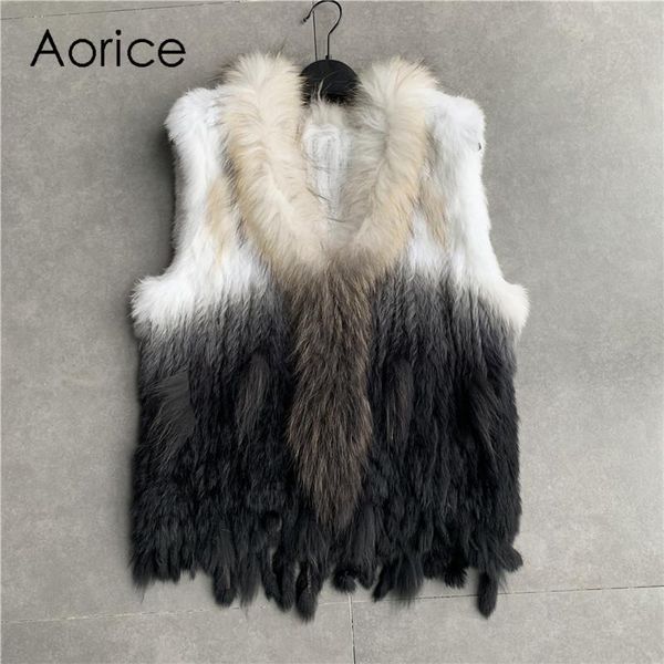 

fur vr001 womens natural real rabbit fur vest with raccoon fur collar waistcoat/jackets rex rabbit knitted winter, Black