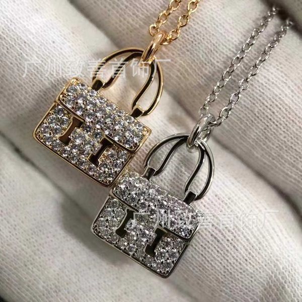 

designerhigh version family new kangkang bag necklace female letter full diamond pendant 18k rose gold light luxury collarbone chain, Black