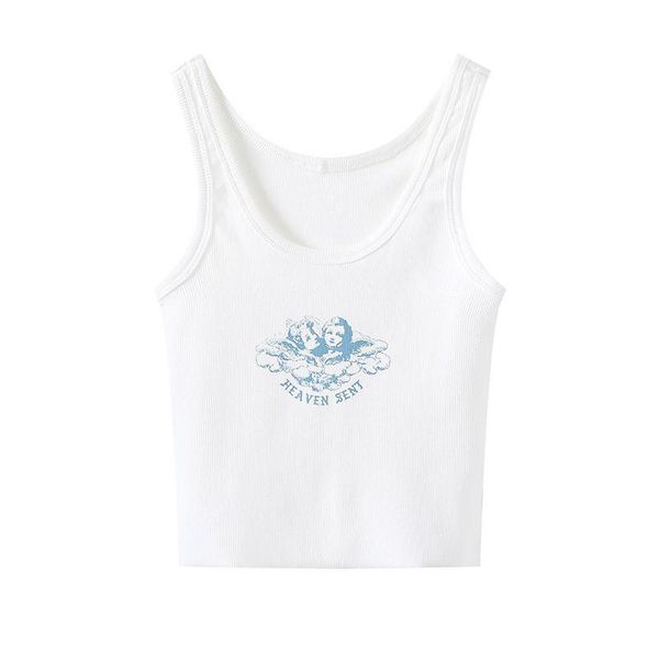 

tanks slim girls print tank round collar sleeveless 2022 spring fashion ladies casual short soft cotton skinny female crop top, Black;white