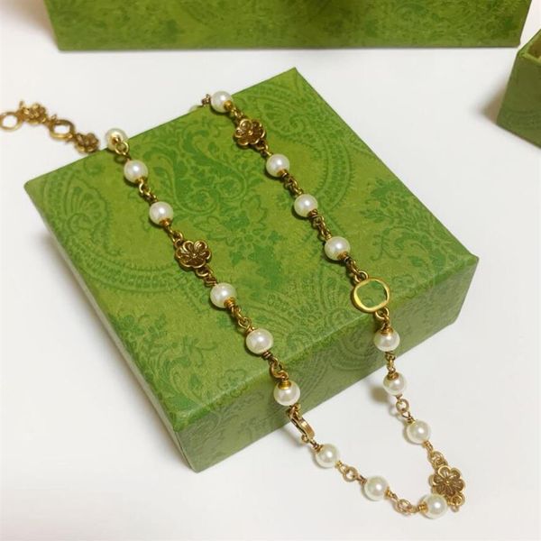 

fashion brand flower pearl choker statement necklace chain luxury designer letter pendant necklaces for women wedding party couple173h, Golden;silver