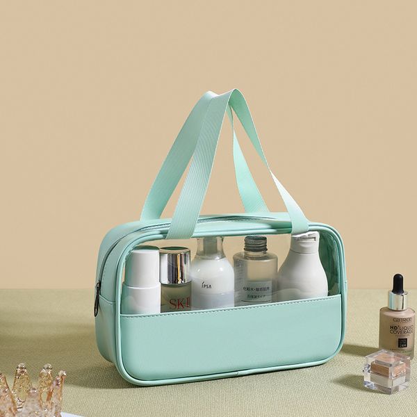 

splicing transparent makeup bag pvc bath toiletry bag pu waterproof handbag large capacity travel portable storage bag
