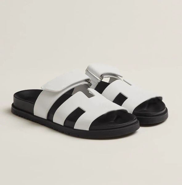 

summer luxury men chypre sandals shoes calfskin leather slip on beach slippers comfort slide flats man adjustable strap casual walking eu38-, Black