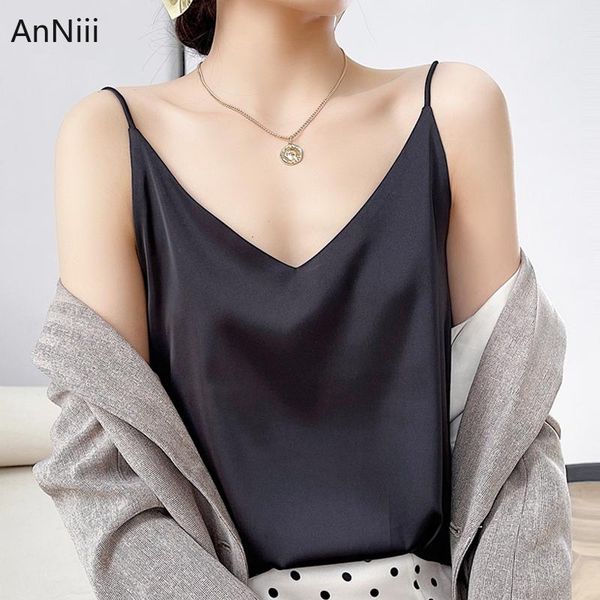 

t-shirt new white satin loose skin summer v neck thin casual tank cami basic silk spaghetti strap sleeveless foe for women