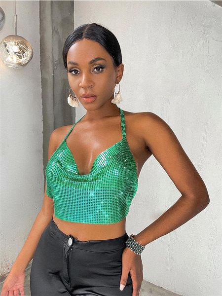 

tanks green metal chain halter tee camisole sequins backless low cut sleeveless tube club party chic wrap cropped camis, Black;white