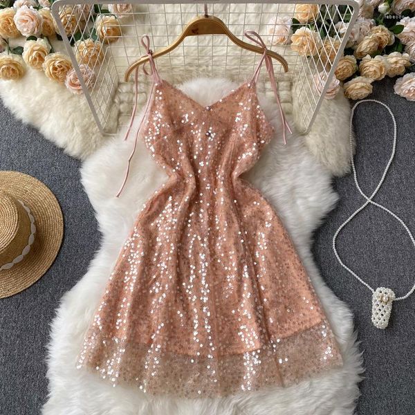 

casual dresses sequins sparkle sweet girl v-neck sling summer 2023 collection waist temperament versatile a-shaped, Black;gray