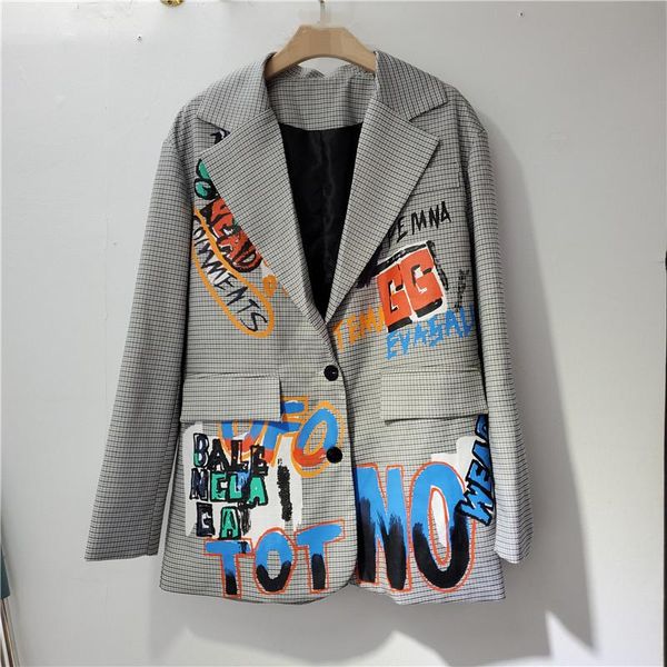 

pants 2022 spring casual hand painted letter graffiti print grey plaid blazers women notched collar long sleeve streetwear outerwear, White