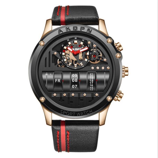 

akdpbn quartz watches domic big dial leather stap mens watch creative hollow design luminous month week calendar masc287i, Slivery;brown