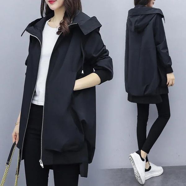 

fur windbreaker hooded medium length 2022 women's new autumn temperament women's coat fashion loose casual coat women's wear, Black