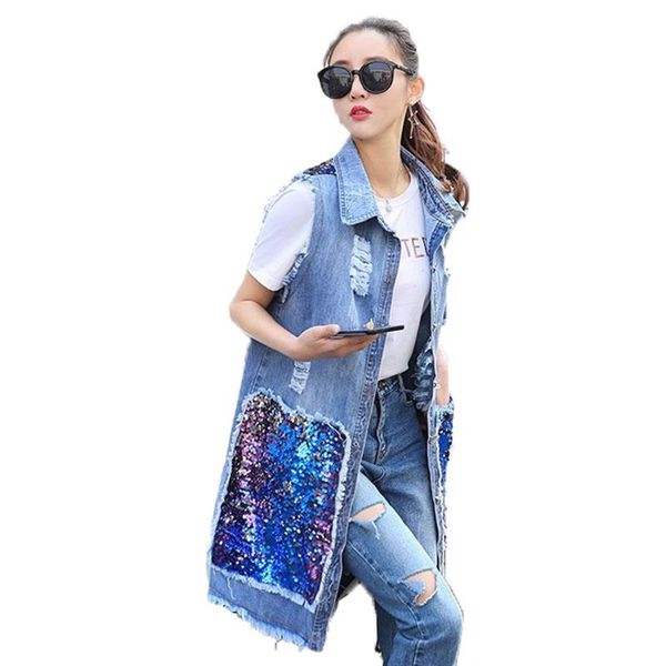 

vests sequins denim vest new spring summer women's vests fashion hole sequined sleeveless jeans splicing jacket jean waistcoat, Black;white