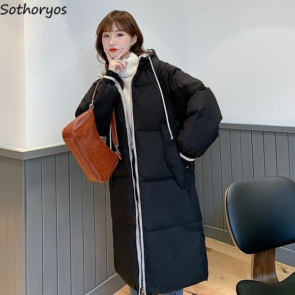 

leather women hooded long parkas loose padded outerwear midi simple zipper harajuku students warm cozy casual basic classic fashion coat, Black