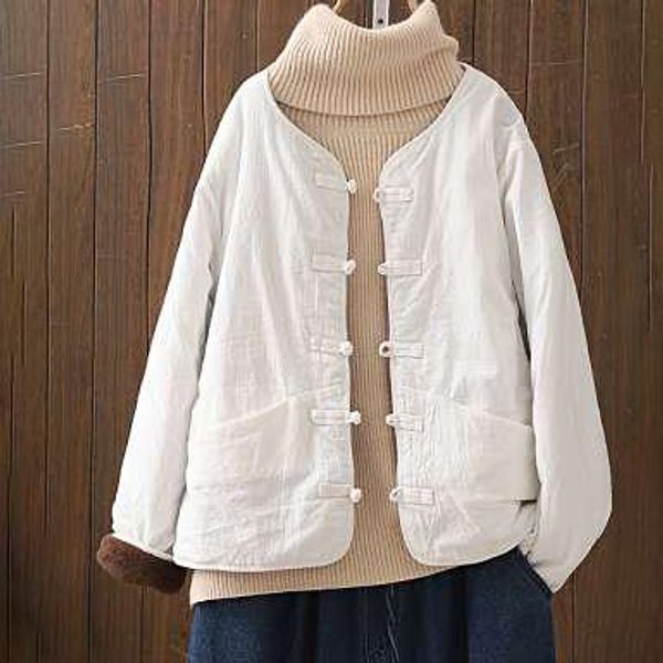 

leather 2021 autumn and winter retro cotton and linen cottonpadded clothes cottonpadded jacket female disc button loose top, Black