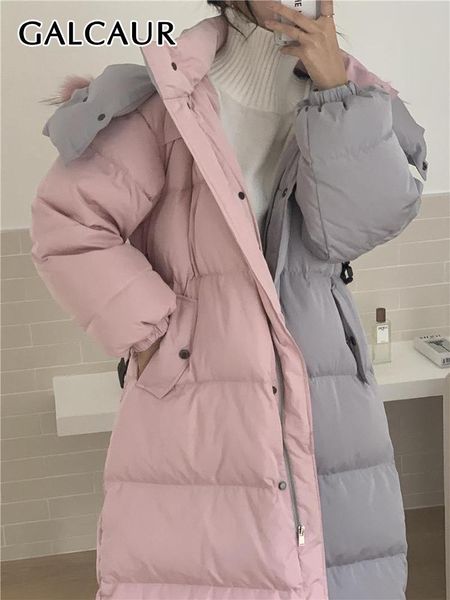 

leather galcaur hit color down coats for women hooded long patchwork feather long sleeve slim casual down coat female winter clothing, Black