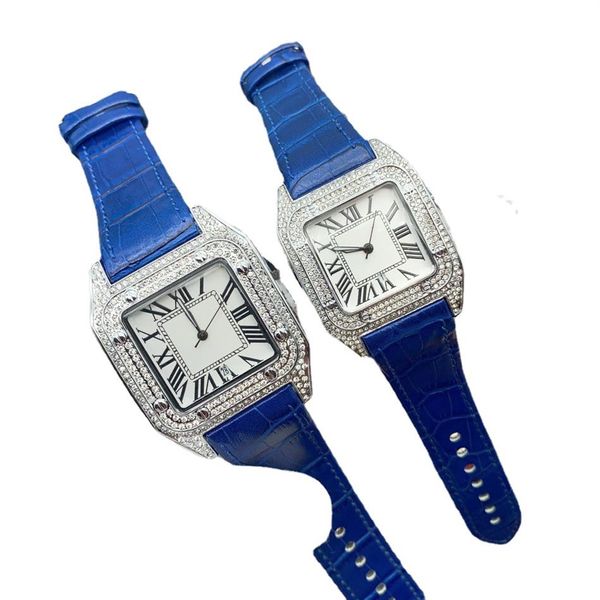 

fashoin men watches women watch quartz movement stainless steel iced out case wristwatch leather strap lover wristwatches235a, Slivery;brown