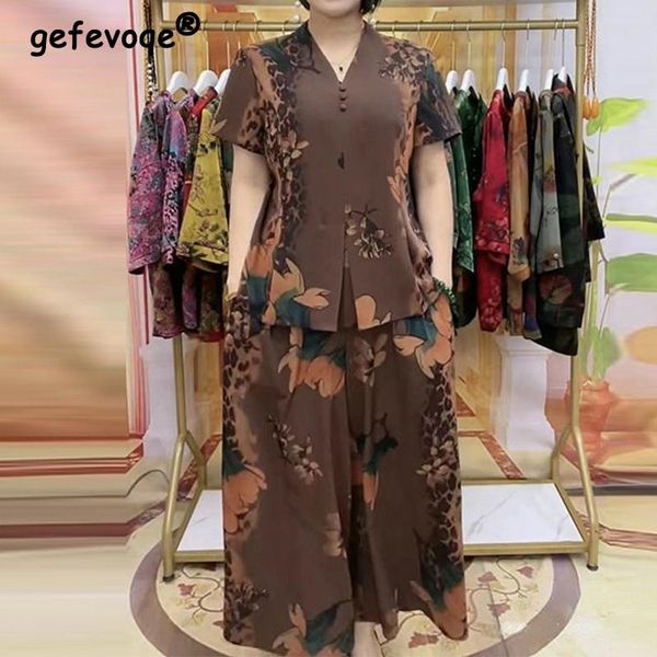 

pants elegant fashion solid color printing button pant sets summer 2022 short sleeve vneck wide leg pants loose women's clothing, White