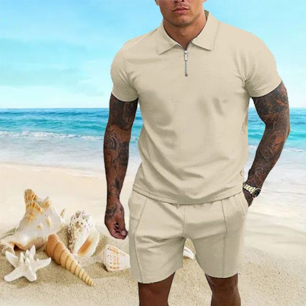 

mens tracksuits summer polo shirt short sleeve s suit male solid jersey breathable 2pc set fitness sportsuits men 230420, Gray