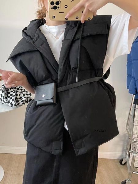 

vests 2022 new luxury duck down sleeveless gilets women thickening loose fit big pockets hooded fashion puffer waistcoat with bag, Black;white