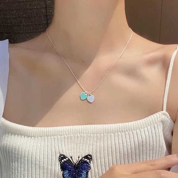 

designersimple love oil drop enamel green double-heart heart-shaped tiffy same titanium steel necklace collarbone chain women's style, Black