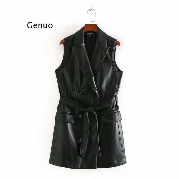 

vests women vintage fashion pu faux leather waistcoat double breasted with belt pockets female outerwear chic, Black;white